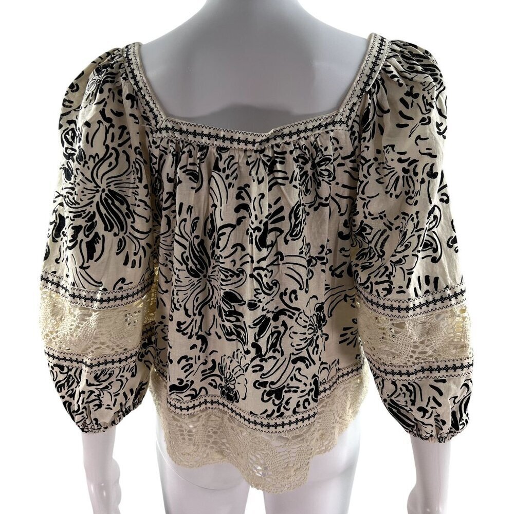 NWT Christian Siriano Linen Blend Boho Cream Black Peasant Crochet Crop Top S - Picture 2 of 11